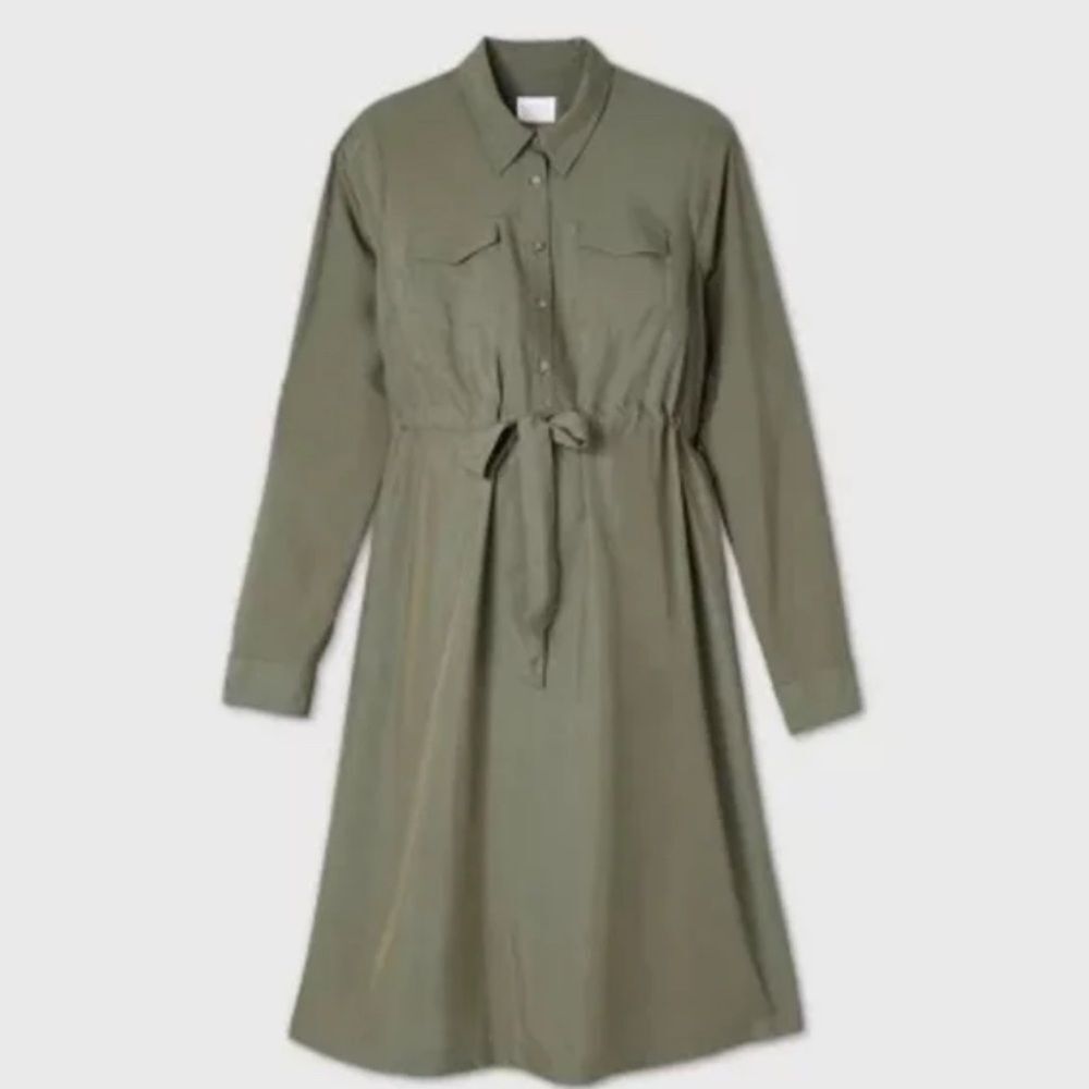 Chic NWT Isabel Maternity Olive Green Cinch Waist Tie Front Popover Dress